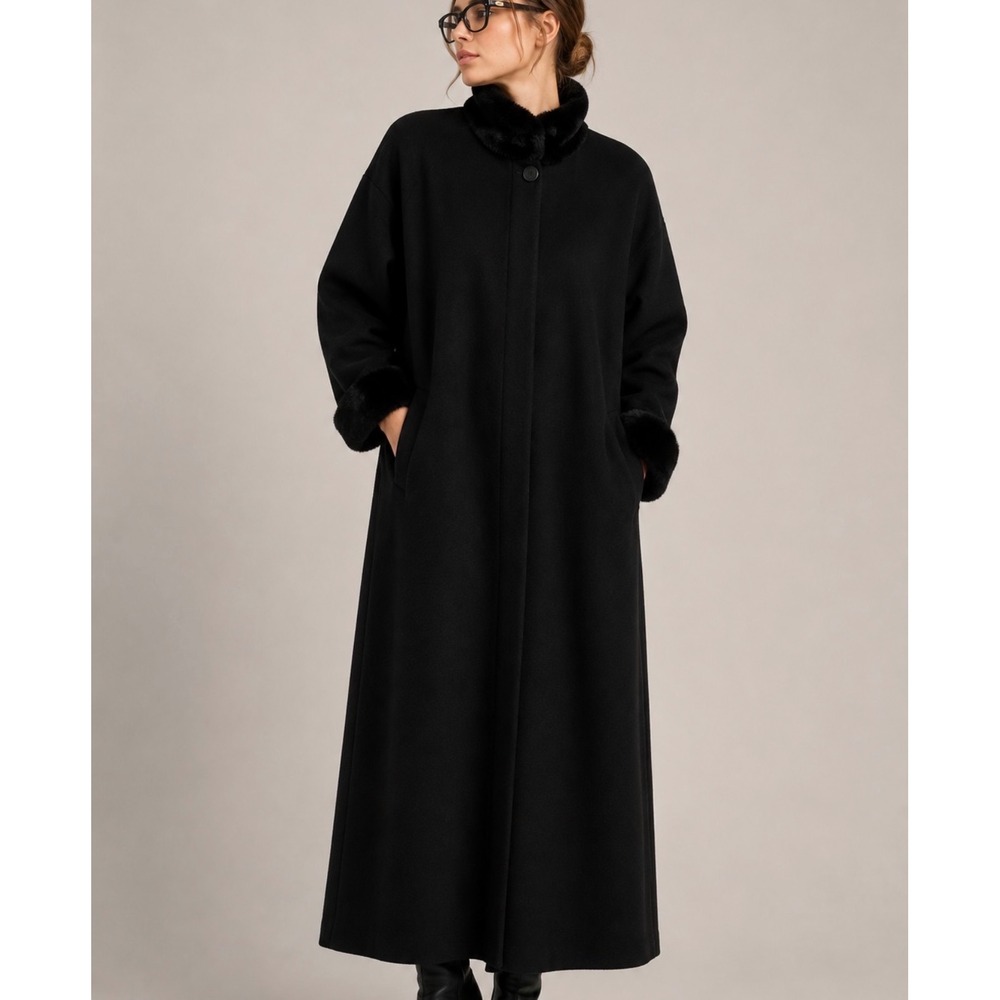 Vintage Jones New York Overcoat L/XL Black Wool Faux Fur Trim Elegant Mob Wife